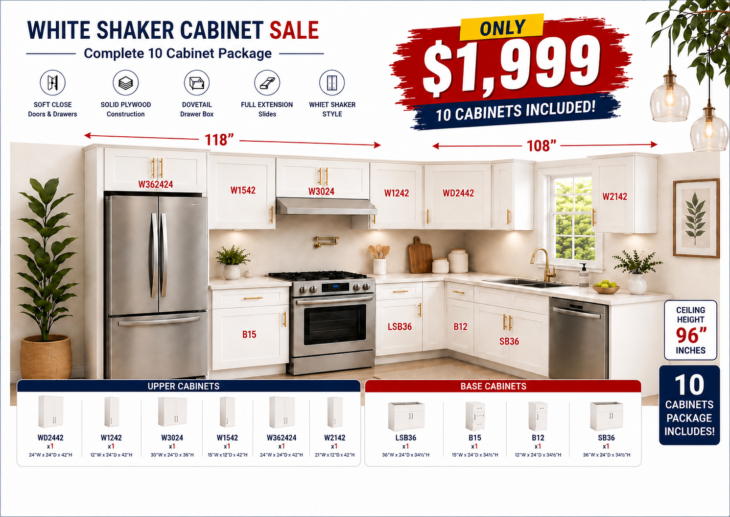 White Shaker complete 10 cabinet package for $1,999 with included cabinet sizes and kitchen layout