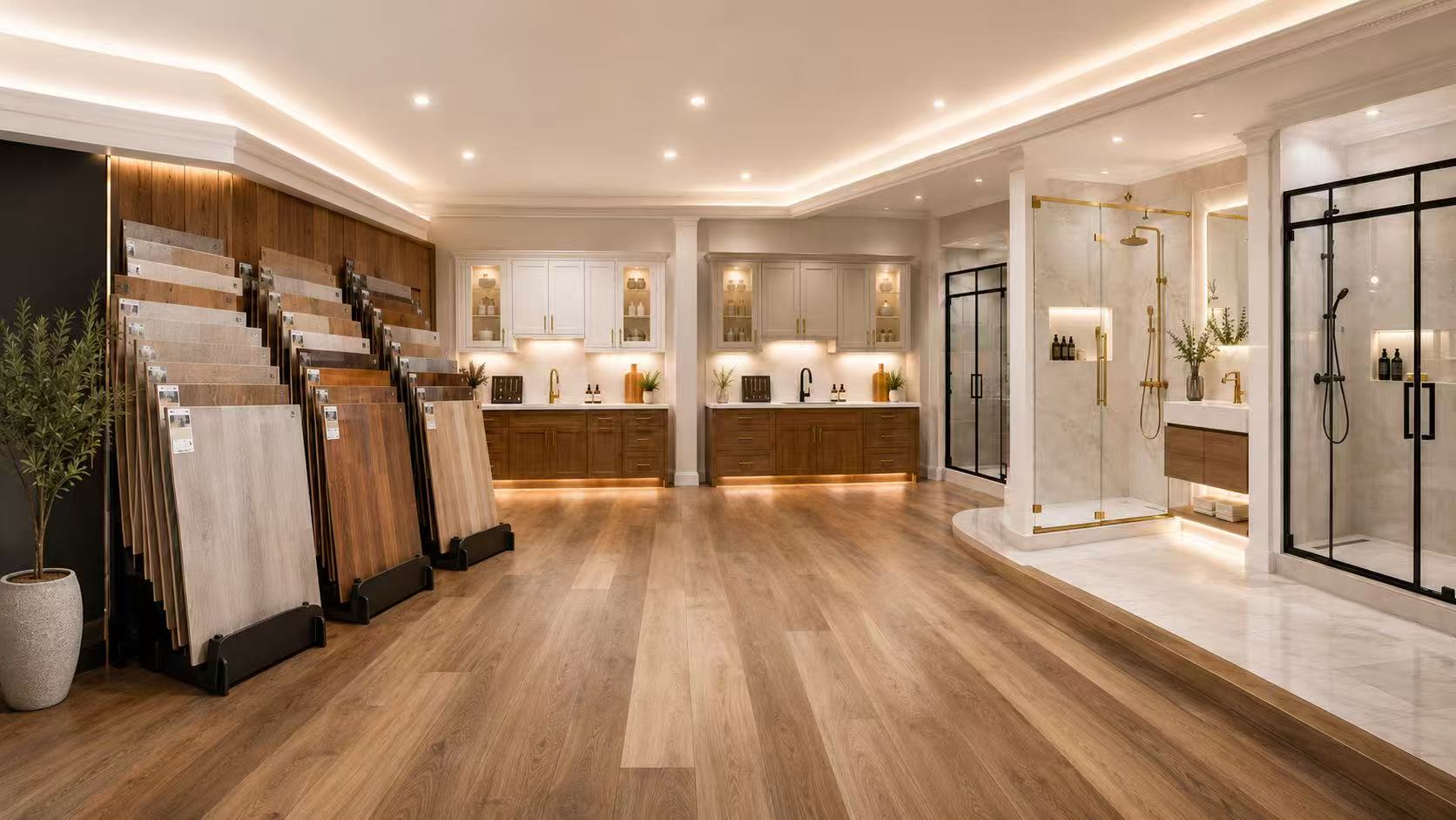 FC Flooring showroom with flooring, cabinets, and shower displays